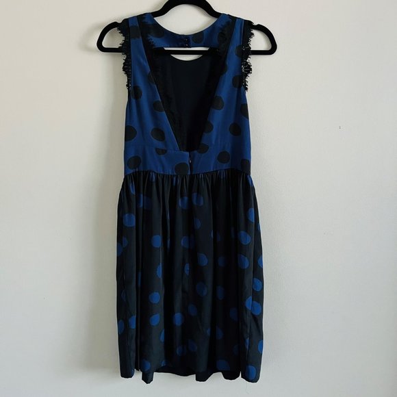 Corey Lynn Calter Blue Black Polka Dot Open Back Sleeveless Dress w/ Lace Edge - Picture 3 of 11